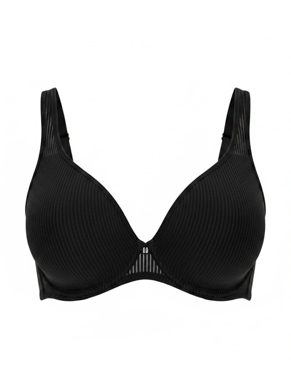 Women's Black Ribbed Underwire Bra with Sheer Center Detail